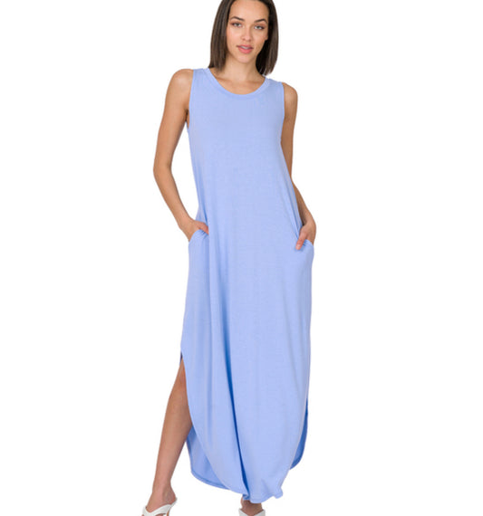 Spring Blue Sleeveless Maxi Dress