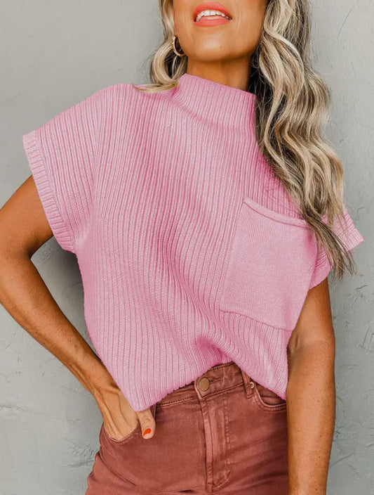 Pink Ribbed Short Sleeve Pocket Sweater
