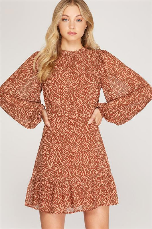 Woven Print Dress-Rust