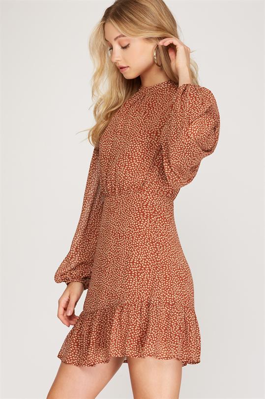 Woven Print Dress-Rust